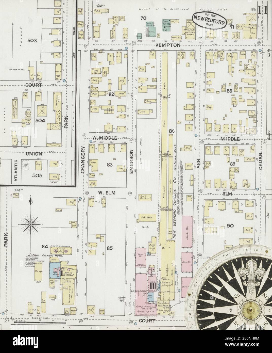 Immagine 11 Della Mappa Sanborn Fire Insurance Di New Bedford, Bristol County, Massachusetts. Nov 1888. 32 fogli. Include Fairhaven, America, mappa stradale con una bussola Del Xix Secolo Foto Stock