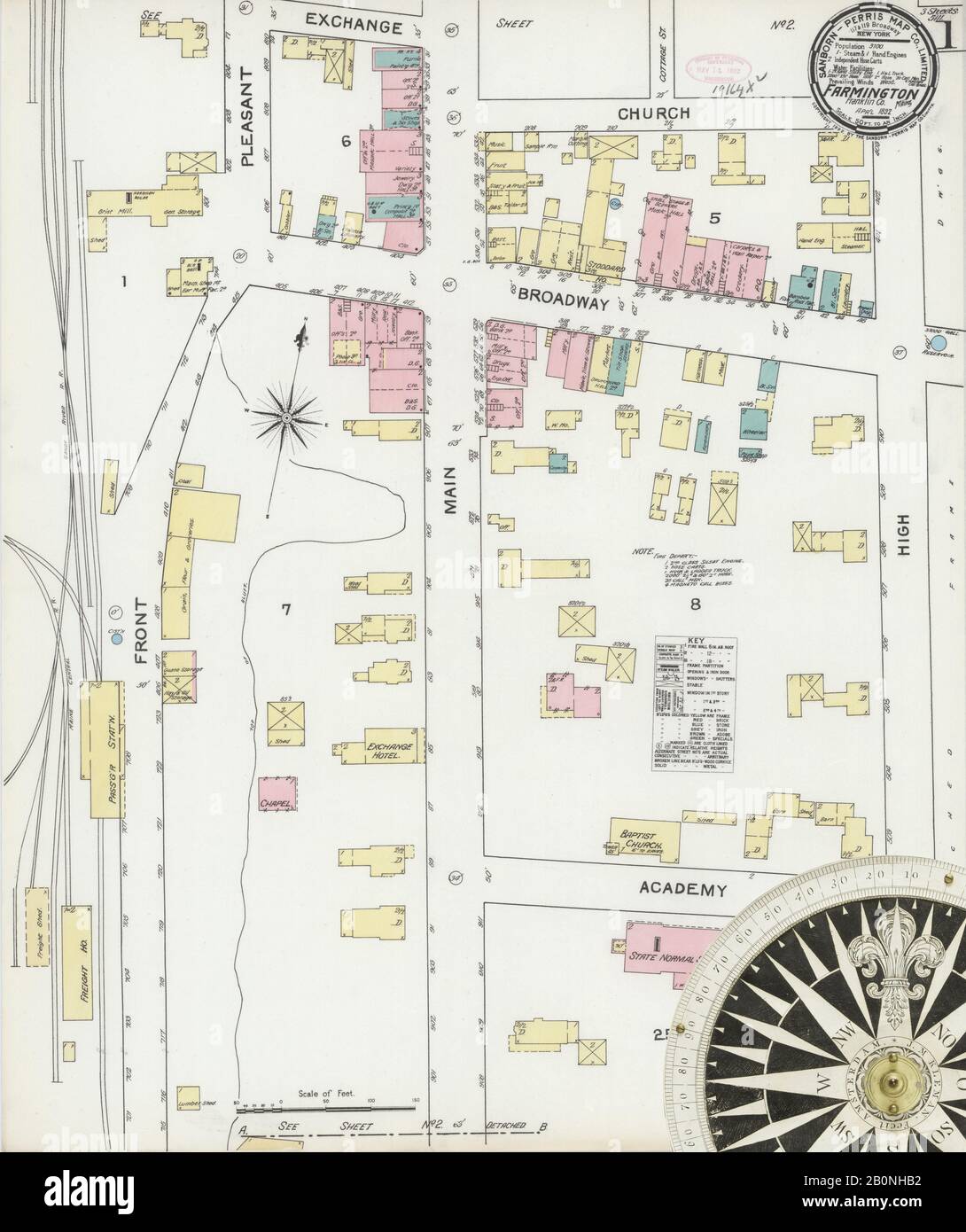 Immagine 1 Della Mappa Sanborn Fire Insurance Di Farmington, Franklin County, Maine. Apr 1892. 3 fogli, America, mappa stradale con una bussola Del Xix Secolo Foto Stock