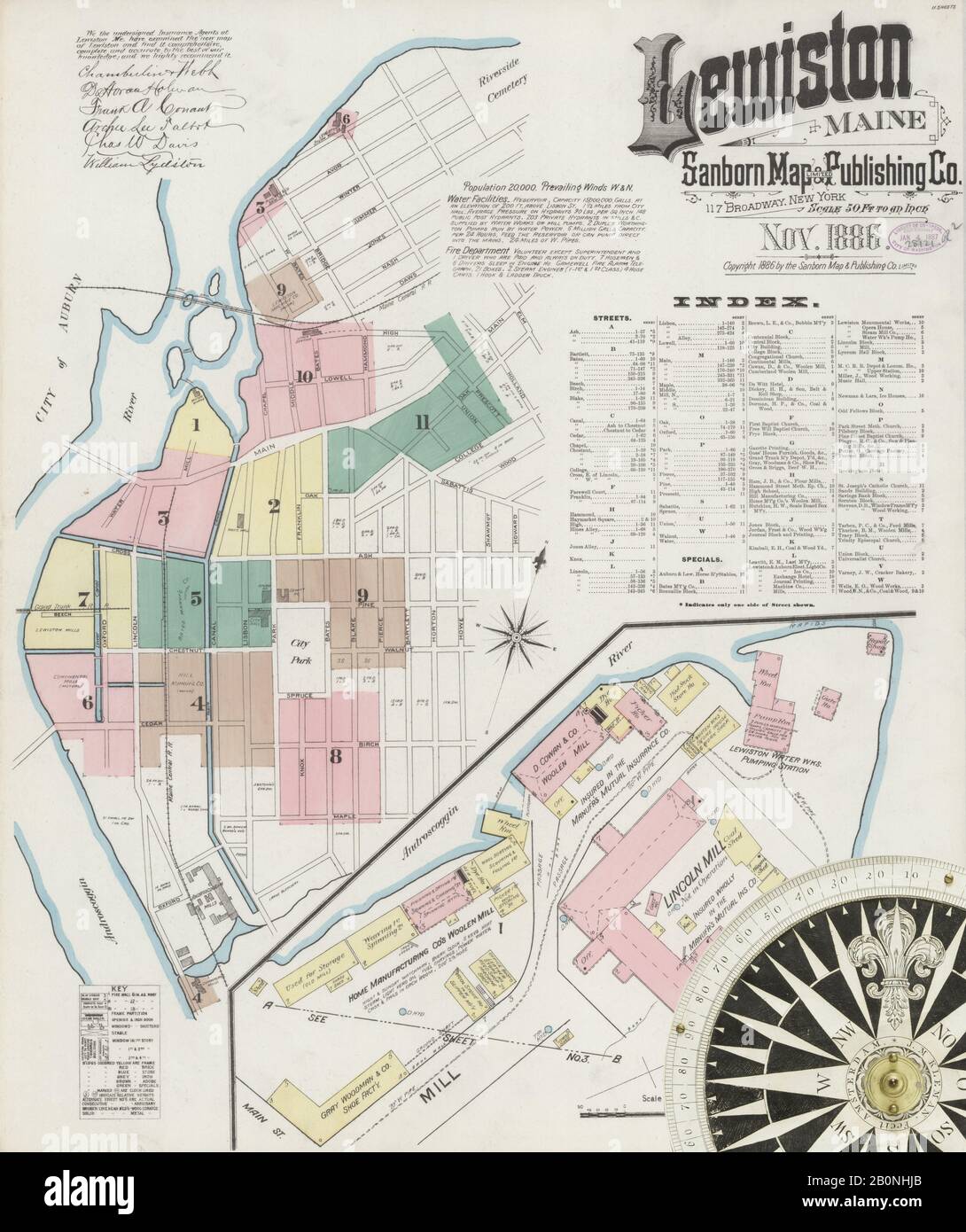 Immagine 1 Della Mappa Sanborn Fire Insurance Di Lewiston, Androscoggin County, Maine. Nov 1886. 11 fogli, America, mappa stradale con una bussola Del Xix Secolo Foto Stock