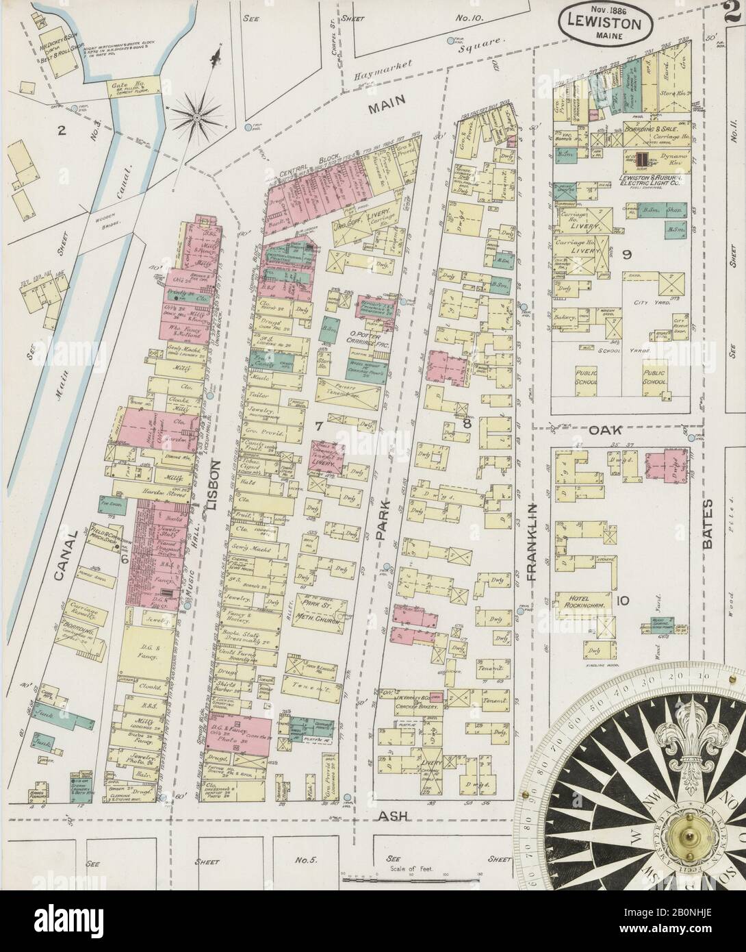 Immagine 2 Della Mappa Sanborn Fire Insurance Di Lewiston, Androscoggin County, Maine. Nov 1886. 11 fogli, America, mappa stradale con una bussola Del Xix Secolo Foto Stock