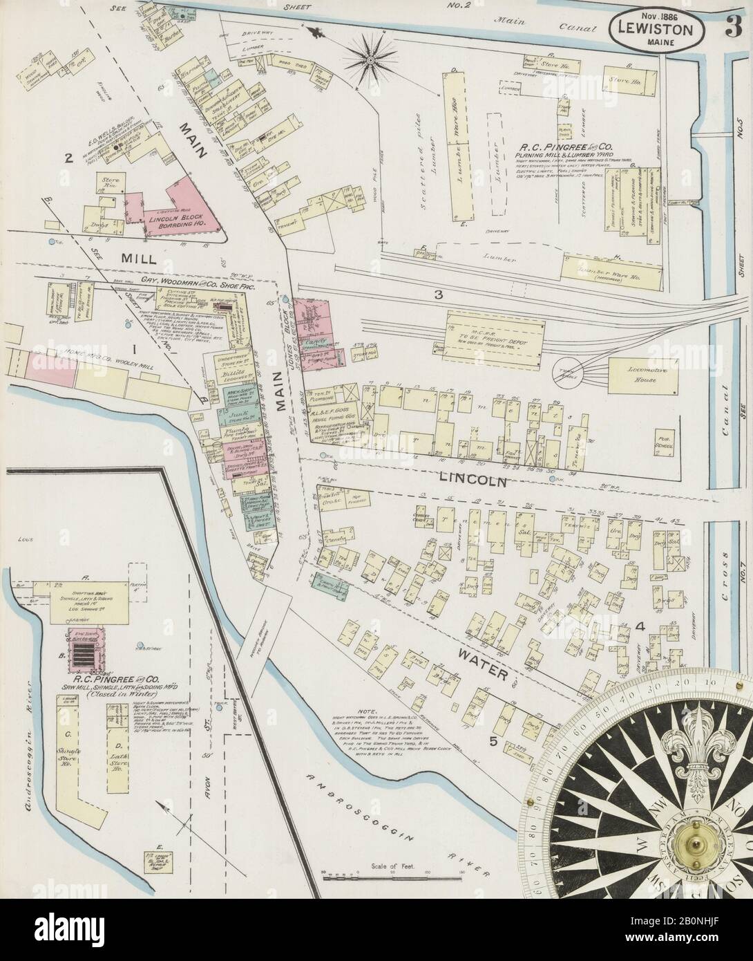 Immagine 3 Della Mappa Sanborn Fire Insurance Di Lewiston, Androscoggin County, Maine. Nov 1886. 11 fogli, America, mappa stradale con una bussola Del Xix Secolo Foto Stock