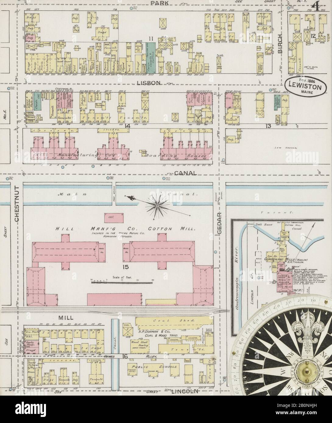 Immagine 4 Della Mappa Sanborn Fire Insurance Di Lewiston, Androscoggin County, Maine. Nov 1886. 11 fogli, America, mappa stradale con una bussola Del Xix Secolo Foto Stock