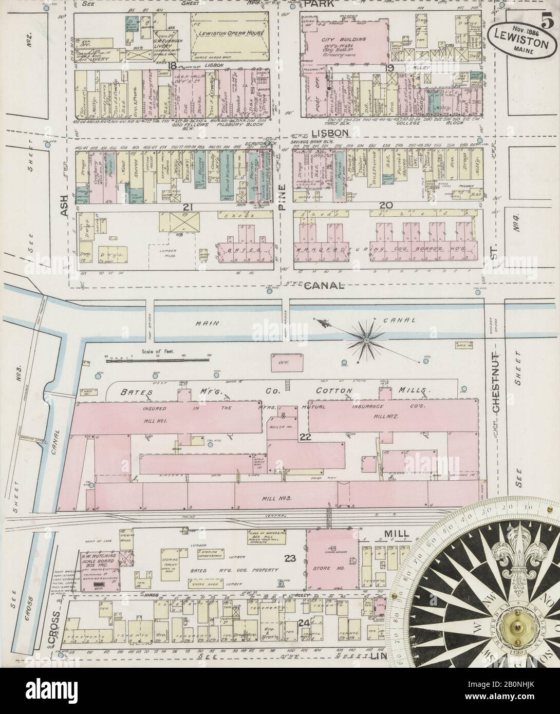 Immagine 5 Della Mappa Sanborn Fire Insurance Di Lewiston, Androscoggin County, Maine. Nov 1886. 11 fogli, America, mappa stradale con una bussola Del Xix Secolo Foto Stock