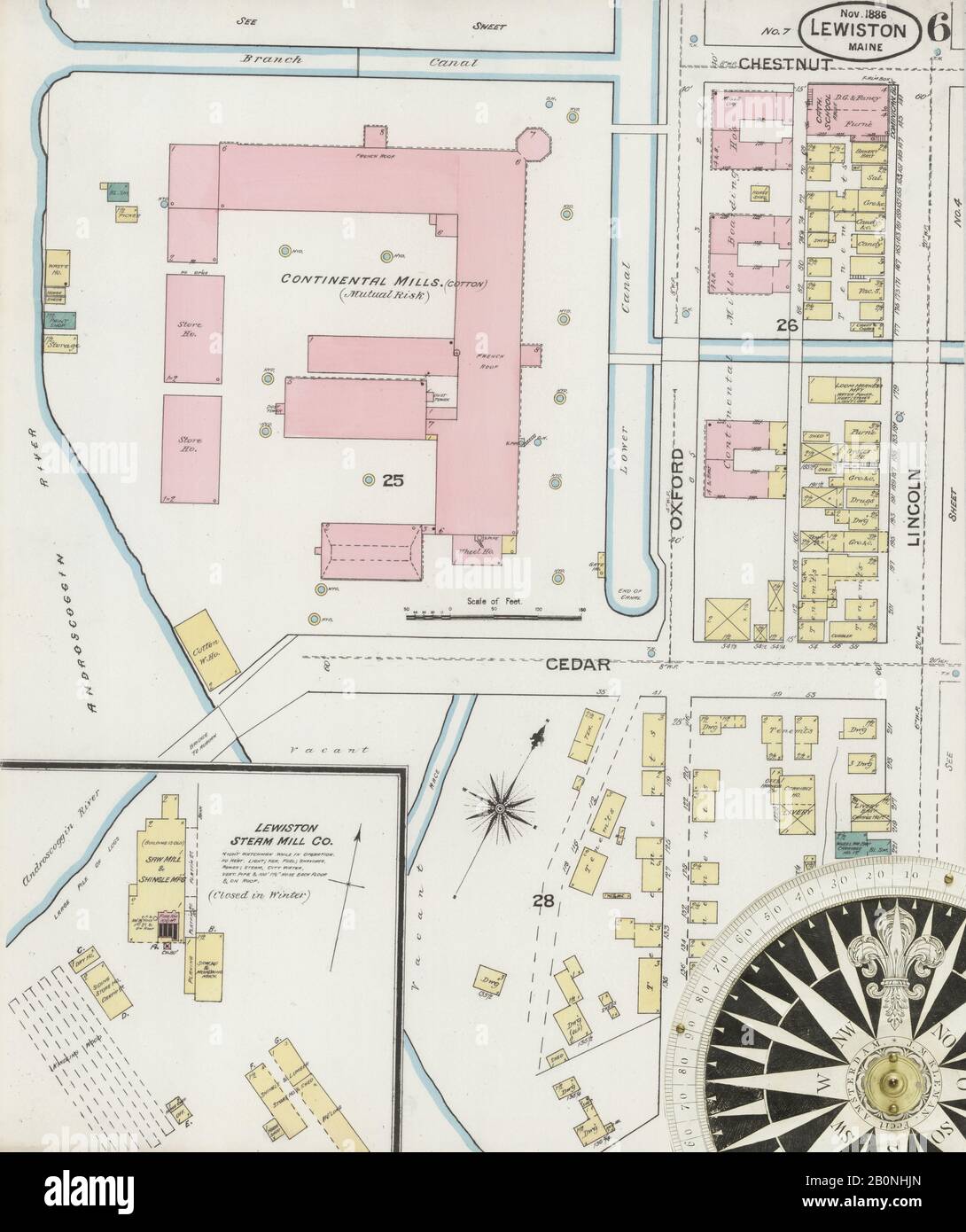 Immagine 6 Della Mappa Sanborn Fire Insurance Di Lewiston, Androscoggin County, Maine. Nov 1886. 11 fogli, America, mappa stradale con una bussola Del Xix Secolo Foto Stock