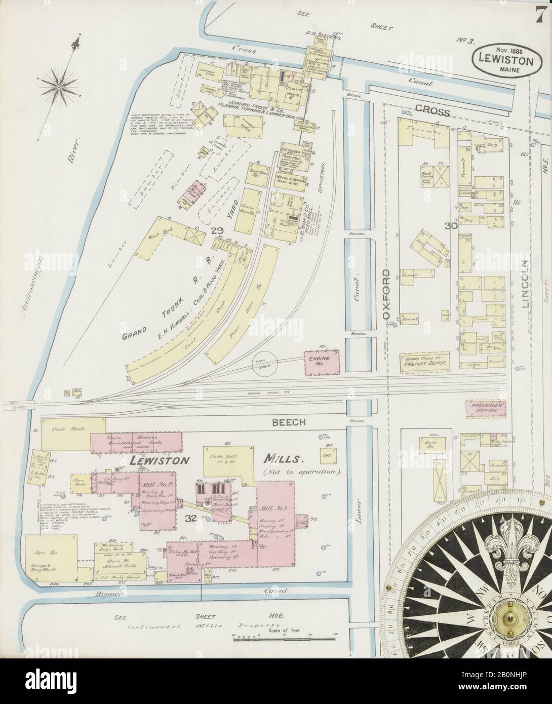 Immagine 7 Della Mappa Sanborn Fire Insurance Di Lewiston, Androscoggin County, Maine. Nov 1886. 11 fogli, America, mappa stradale con una bussola Del Xix Secolo Foto Stock