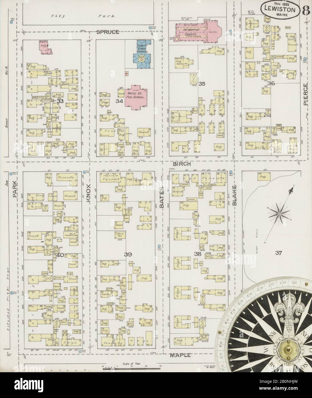 Immagine 8 Della Mappa Sanborn Fire Insurance Di Lewiston, Androscoggin County, Maine. Nov 1886. 11 fogli, America, mappa stradale con una bussola Del Xix Secolo Foto Stock