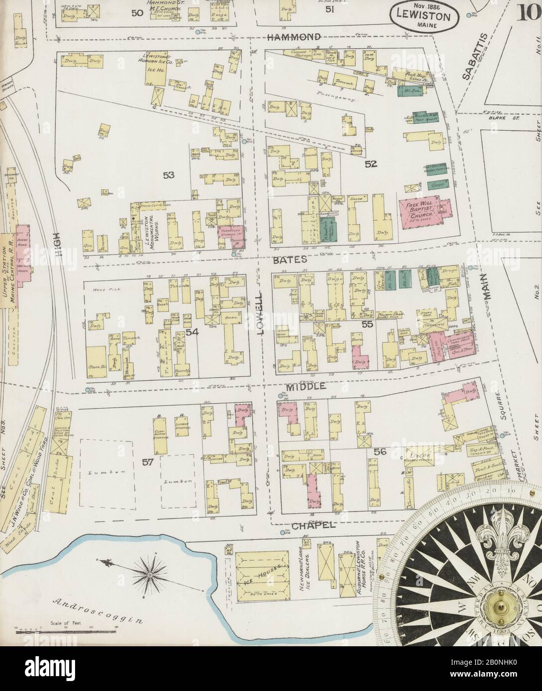 Immagine 10 Della Mappa Sanborn Fire Insurance Di Lewiston, Androscoggin County, Maine. Nov 1886. 11 fogli, America, mappa stradale con una bussola Del Xix Secolo Foto Stock