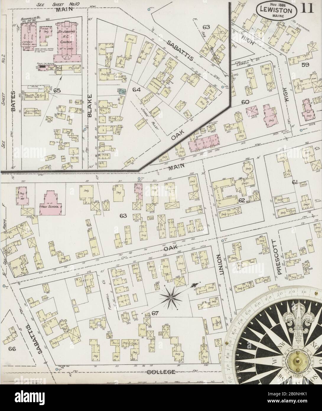 Immagine 11 Della Mappa Sanborn Fire Insurance Di Lewiston, Androscoggin County, Maine. Nov 1886. 11 fogli, America, mappa stradale con una bussola Del Xix Secolo Foto Stock