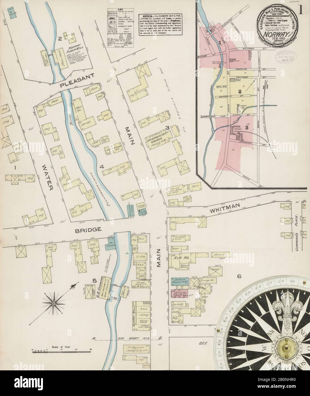 Immagine 1 Della Mappa Sanborn Fire Insurance Dalla Norvegia, Oxford County, Maine. Feb 1885. 3 fogli, America, mappa stradale con una bussola Del Xix Secolo Foto Stock