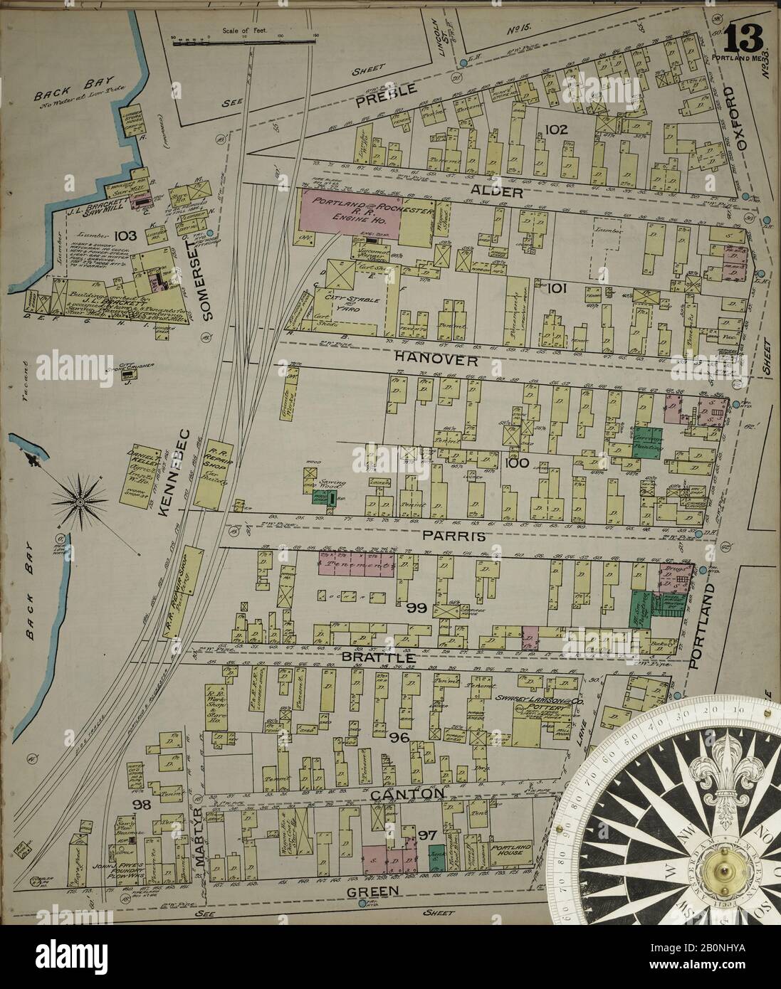 Immagine 13 Della Mappa Sanborn Fire Insurance Di Portland, Cumberland County, Maine. 1886. 35 fogli. Bound, America, mappa stradale con una bussola Del Xix Secolo Foto Stock