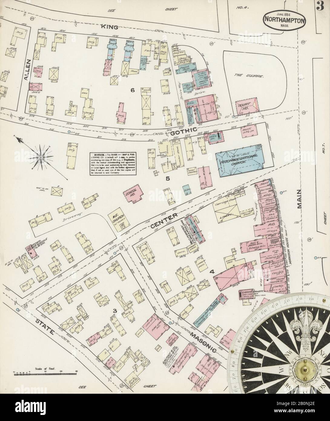 Immagine 3 Della Mappa Sanborn Fire Insurance Di Northampton, Hampshire County, Massachusetts. Giu 1884. 8 fogli, America, mappa stradale con una bussola Del Xix Secolo Foto Stock