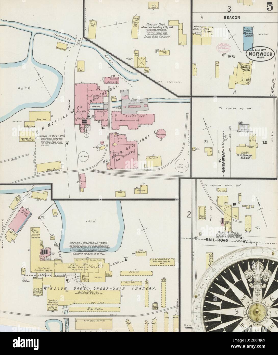 Immagine 5 Della Mappa Sanborn Fire Insurance Di Norwood, Norfolk County, Massachusetts. Ago 1897. 6 fogli, America, mappa stradale con una bussola Del Xix Secolo Foto Stock