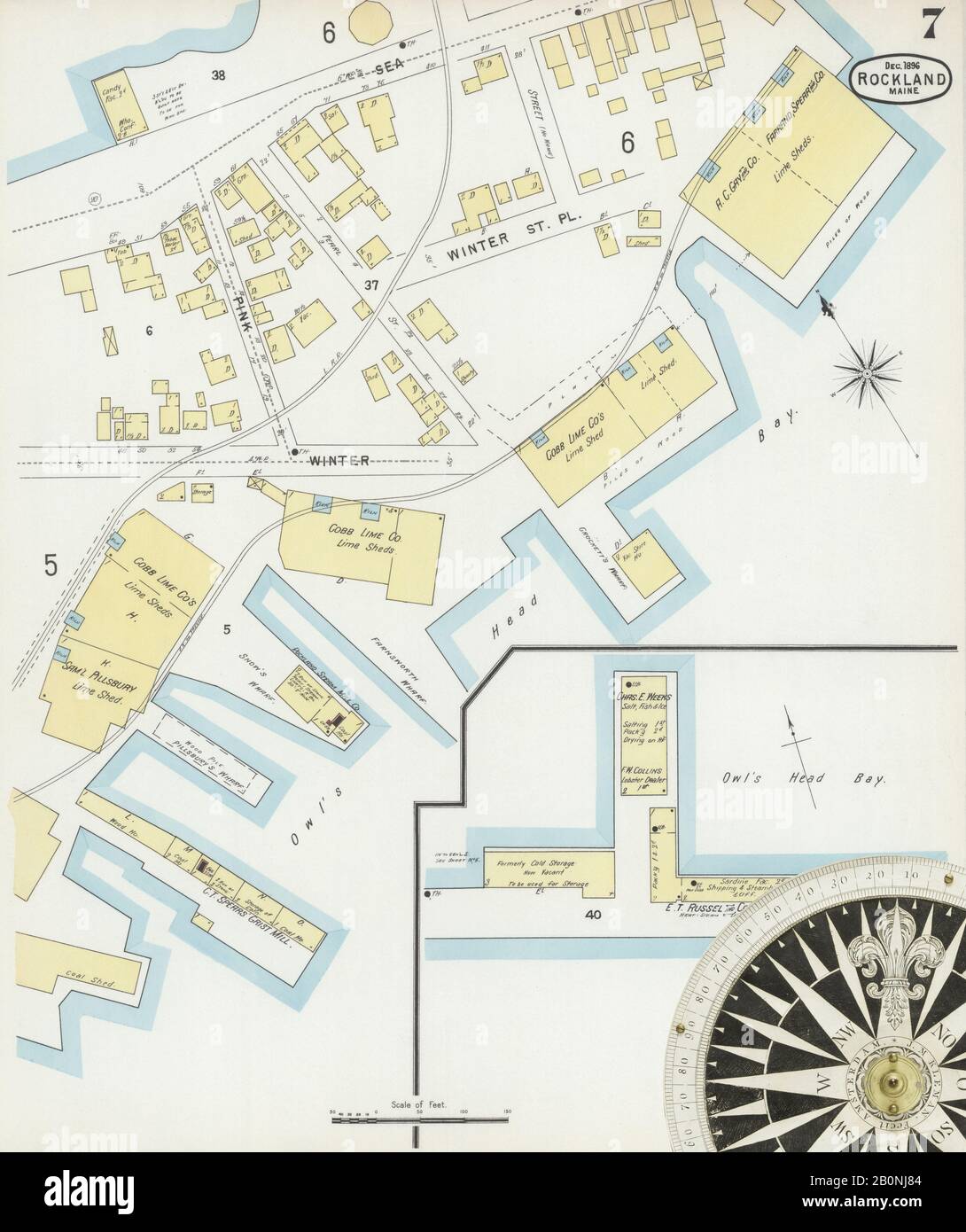 Immagine 7 Della Mappa Sanborn Fire Insurance Di Rockland, Knox County, Maine. Dic 1896. 9 fogli, America, mappa stradale con una bussola Del Xix Secolo Foto Stock