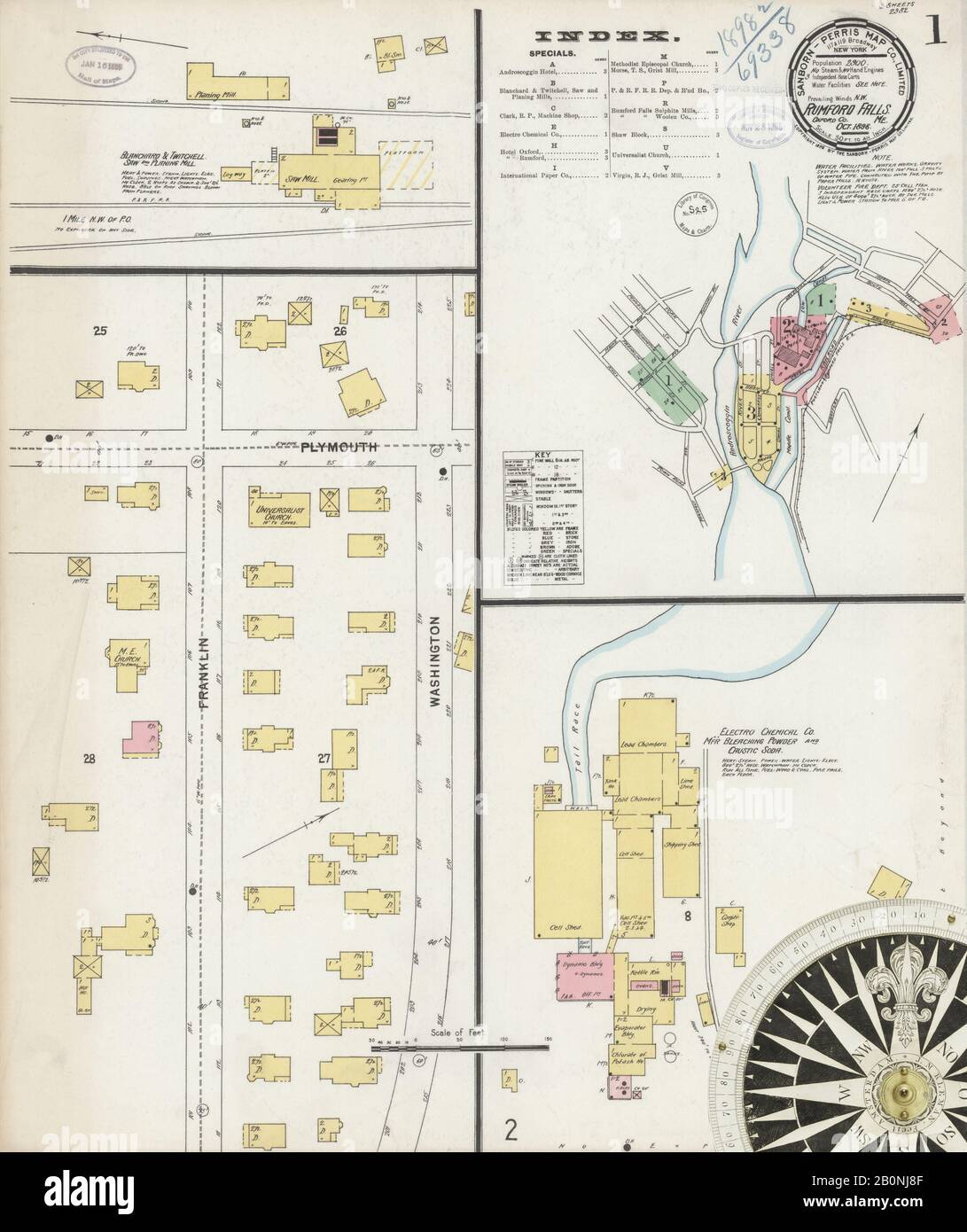 Immagine 1 Della Mappa Sanborn Fire Insurance Da Rumford Falls, Oxford County, Maine. Ott 1898. 3 fogli, America, mappa stradale con una bussola Del Xix Secolo Foto Stock