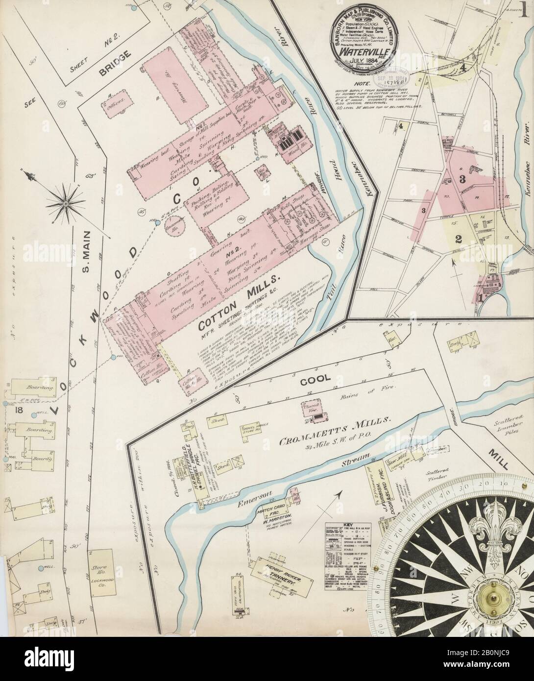 Immagine 1 Della Mappa Sanborn Fire Insurance Di Waterville, Kennebec County, Maine. Lug 1884. 4 fogli, America, mappa stradale con una bussola Del Xix Secolo Foto Stock