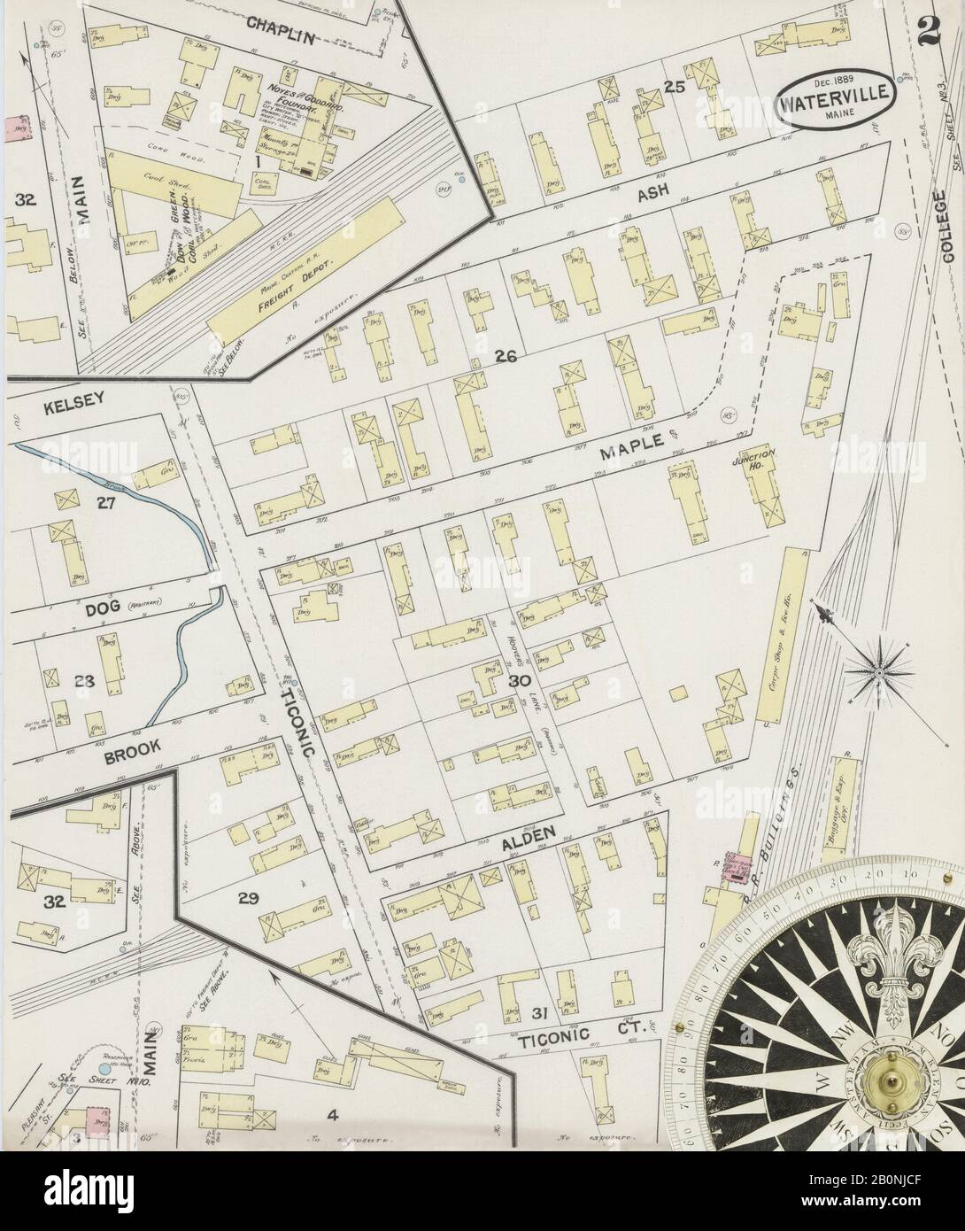 Immagine 2 Della Mappa Sanborn Fire Insurance Di Waterville, Kennebec County, Maine. Dic 1889. 13 fogli, America, mappa stradale con una bussola Del Xix Secolo Foto Stock