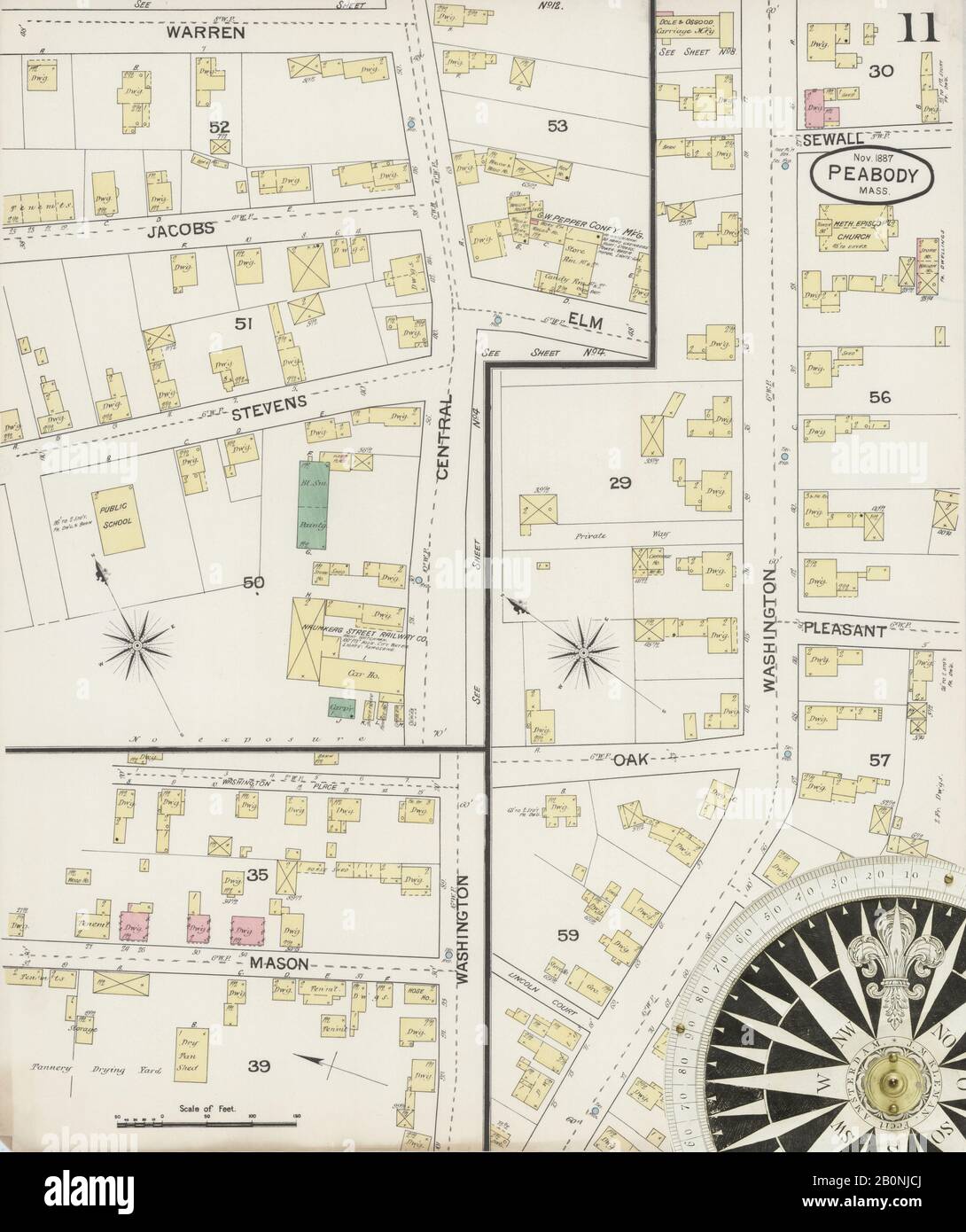Immagine 11 Della Mappa Sanborn Fire Insurance Di Peabody, Essex County, Massachusetts. Nov 1887. 12 fogli, America, mappa stradale con una bussola Del Xix Secolo Foto Stock