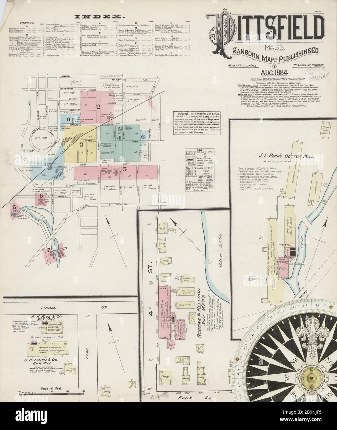 Immagine 1 Della Mappa Sanborn Fire Insurance Di Pittsfield, Berkshire County, Massachusetts. Ago 1884. 8 fogli, America, mappa stradale con una bussola Del Xix Secolo Foto Stock