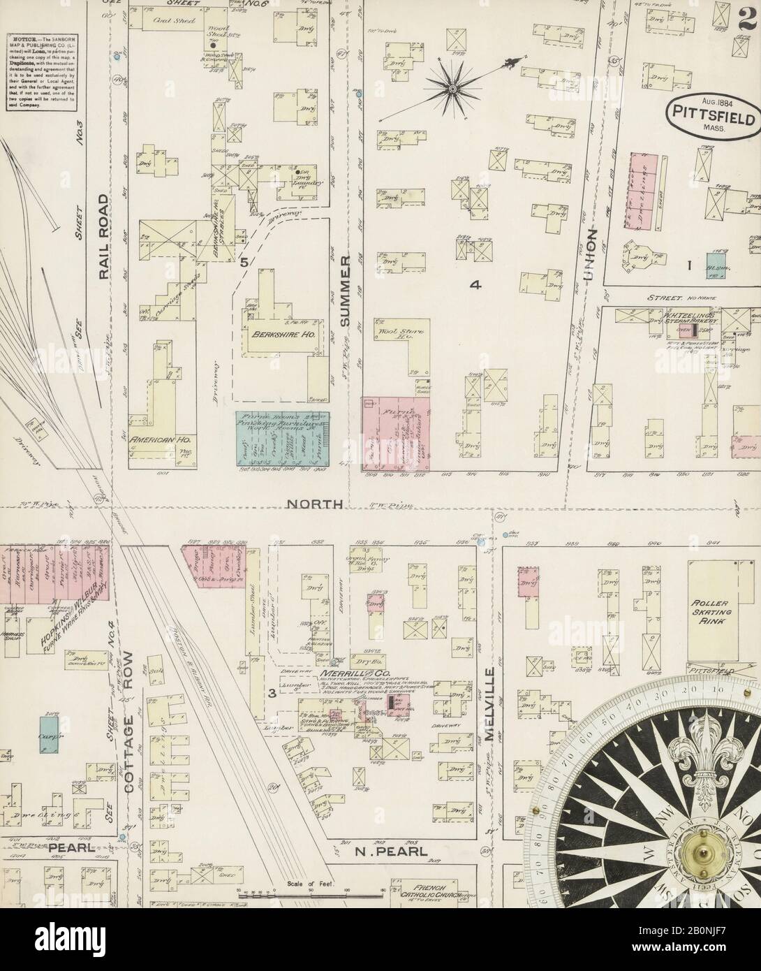 Immagine 2 Della Mappa Sanborn Fire Insurance Di Pittsfield, Berkshire County, Massachusetts. Ago 1884. 8 fogli, America, mappa stradale con una bussola Del Xix Secolo Foto Stock