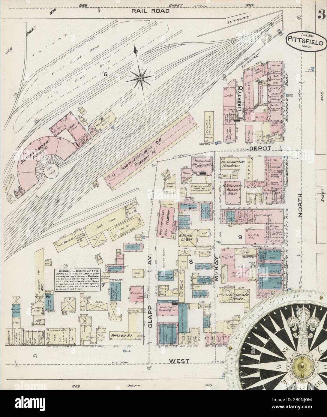 Immagine 3 Della Mappa Sanborn Fire Insurance Di Pittsfield, Berkshire County, Massachusetts. Ago 1884. 8 fogli, America, mappa stradale con una bussola Del Xix Secolo Foto Stock