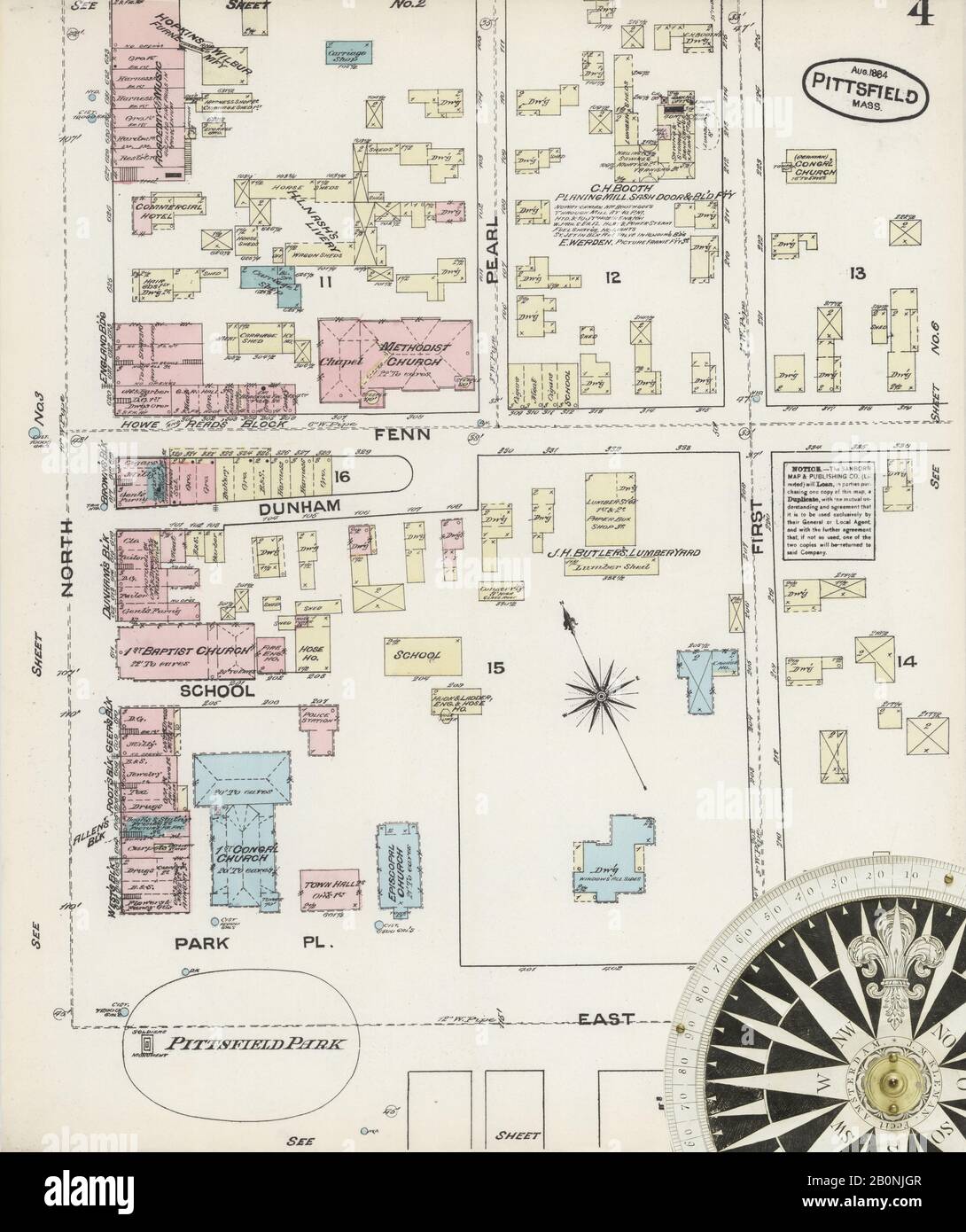 Immagine 4 Della Mappa Sanborn Fire Insurance Di Pittsfield, Berkshire County, Massachusetts. Ago 1884. 8 fogli, America, mappa stradale con una bussola Del Xix Secolo Foto Stock