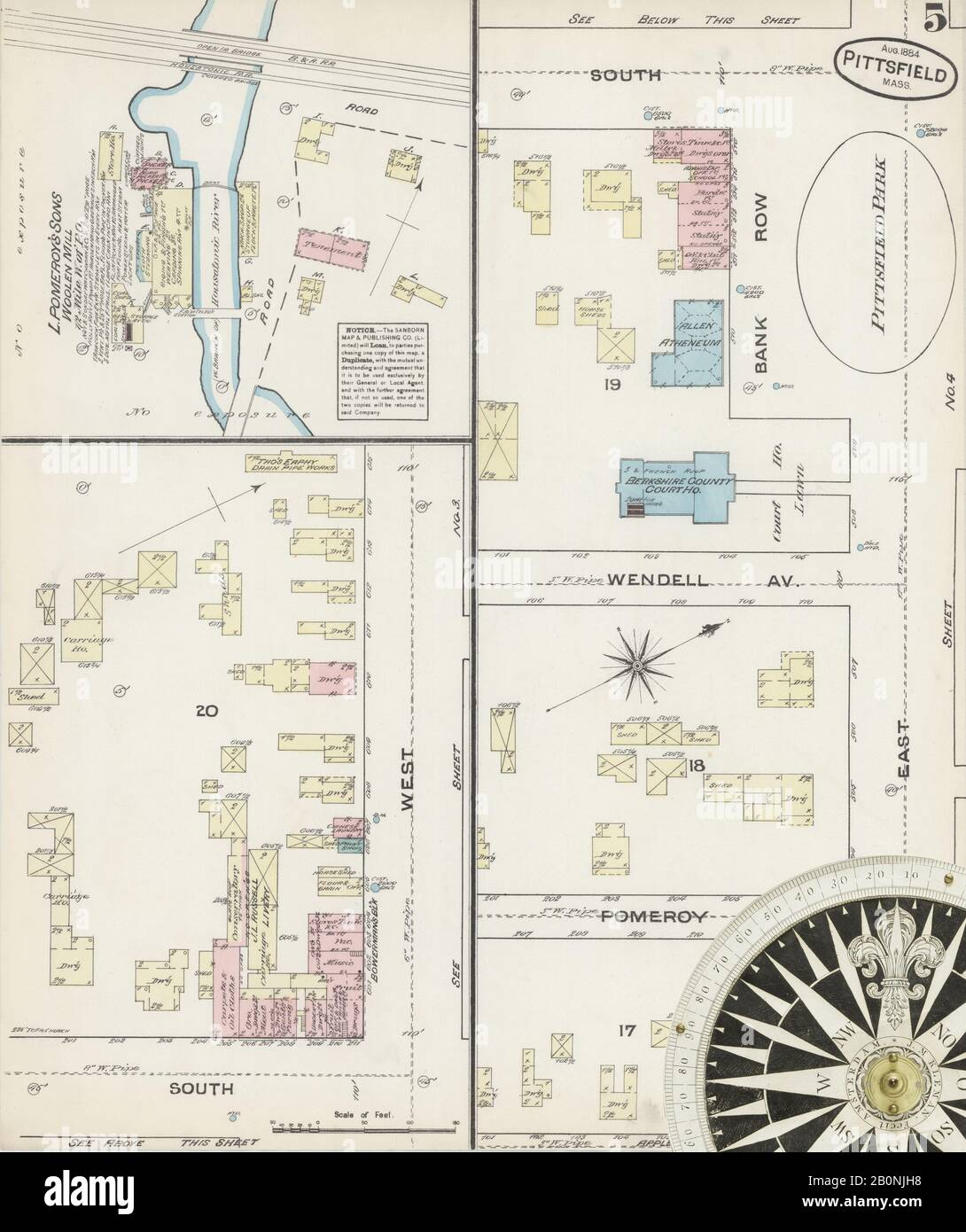 Immagine 5 Della Mappa Sanborn Fire Insurance Di Pittsfield, Berkshire County, Massachusetts. Ago 1884. 8 fogli, America, mappa stradale con una bussola Del Xix Secolo Foto Stock