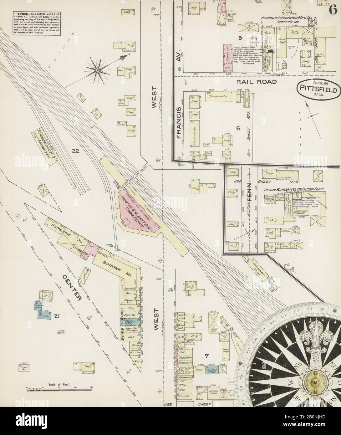 Immagine 6 Della Mappa Sanborn Fire Insurance Di Pittsfield, Berkshire County, Massachusetts. Ago 1884. 8 fogli, America, mappa stradale con una bussola Del Xix Secolo Foto Stock