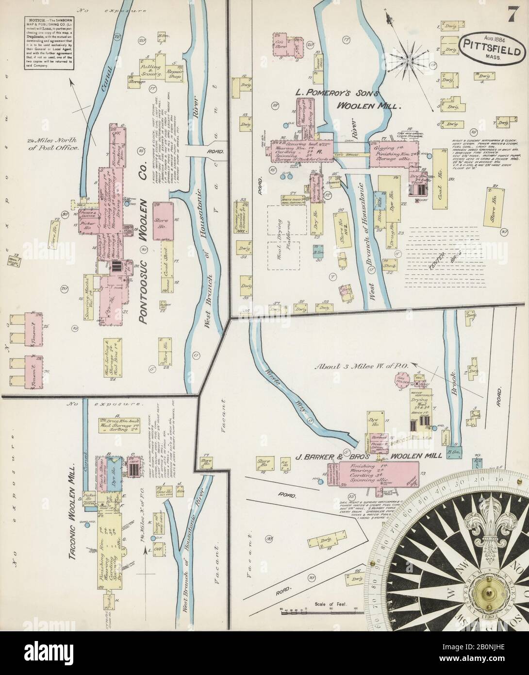 Immagine 7 Della Mappa Sanborn Fire Insurance Di Pittsfield, Berkshire County, Massachusetts. Ago 1884. 8 fogli, America, mappa stradale con una bussola Del Xix Secolo Foto Stock