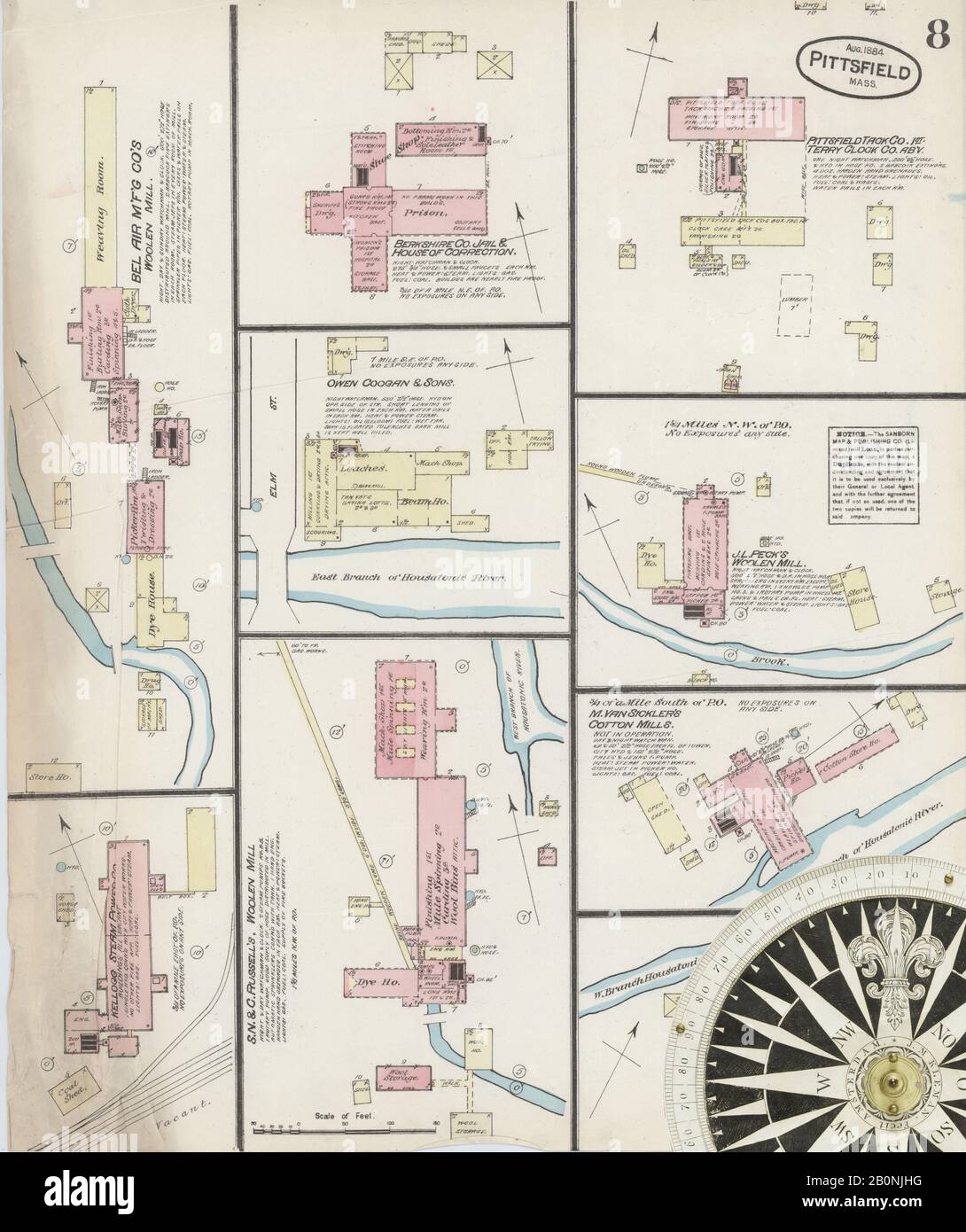 Immagine 8 Della Mappa Sanborn Fire Insurance Di Pittsfield, Berkshire County, Massachusetts. Ago 1884. 8 fogli, America, mappa stradale con una bussola Del Xix Secolo Foto Stock