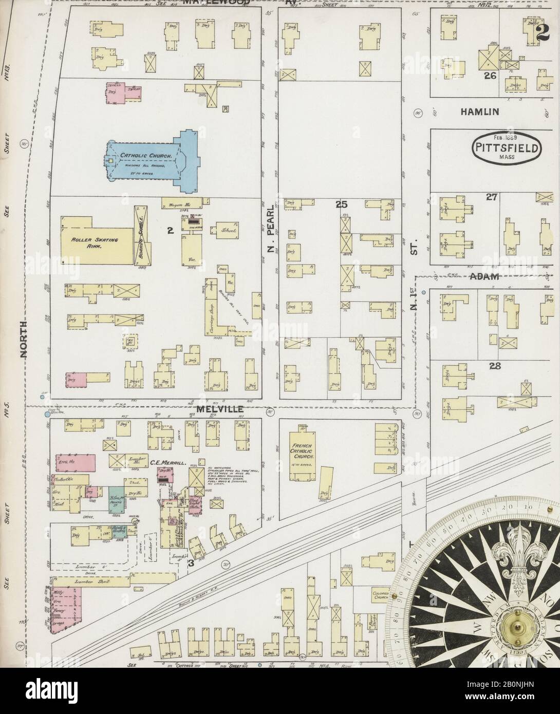 Immagine 2 Della Mappa Sanborn Fire Insurance Di Pittsfield, Berkshire County, Massachusetts. Feb 1889. 18 fogli, America, mappa stradale con una bussola Del Xix Secolo Foto Stock