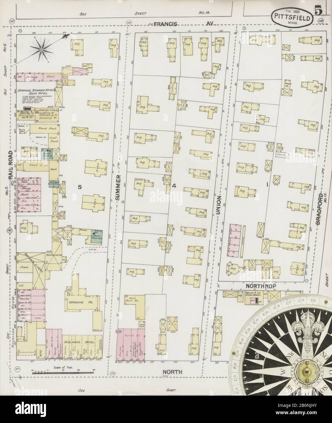 Immagine 5 Della Mappa Sanborn Fire Insurance Di Pittsfield, Berkshire County, Massachusetts. Feb 1889. 18 fogli, America, mappa stradale con una bussola Del Xix Secolo Foto Stock