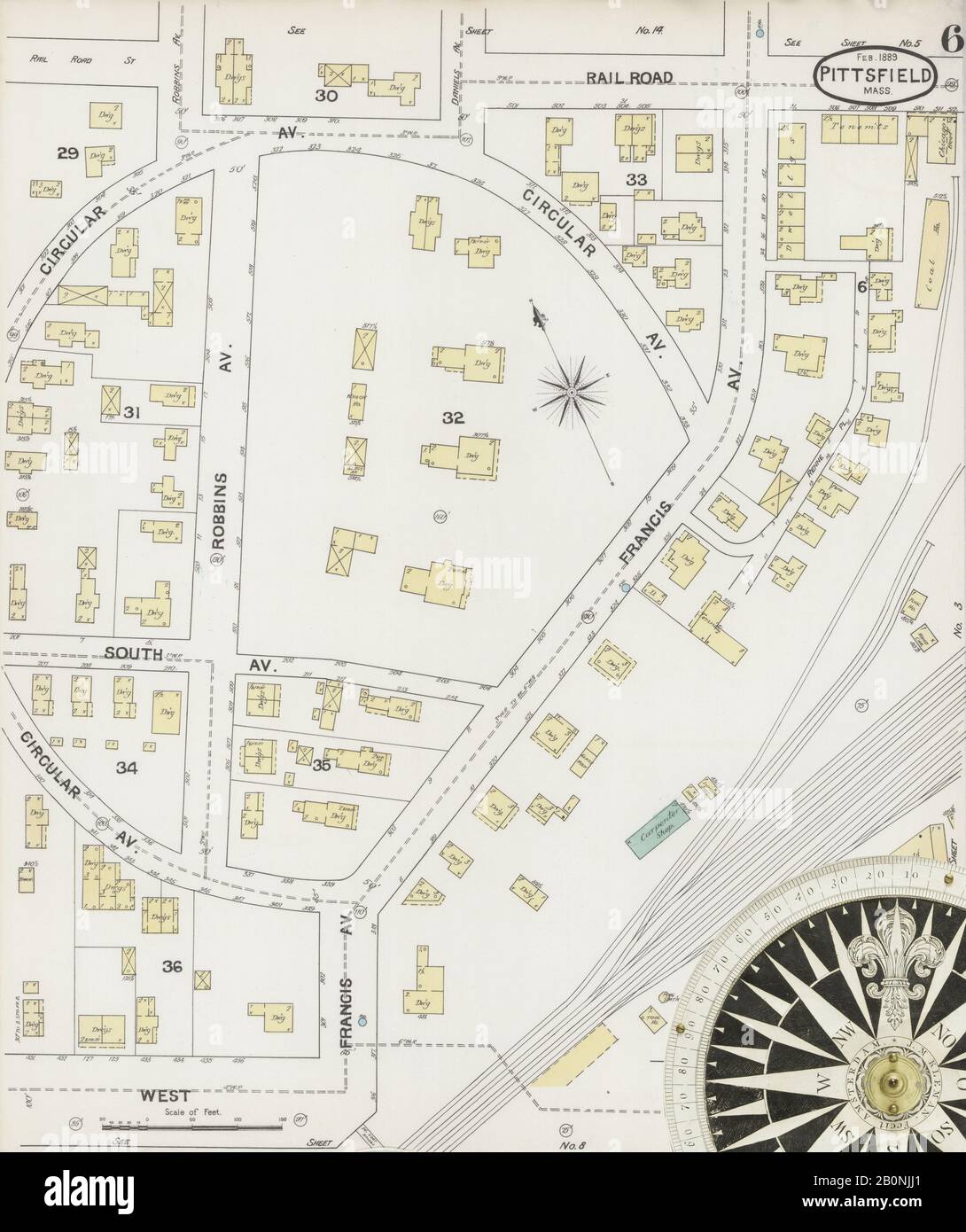 Immagine 6 Della Mappa Sanborn Fire Insurance Di Pittsfield, Berkshire County, Massachusetts. Feb 1889. 18 fogli, America, mappa stradale con una bussola Del Xix Secolo Foto Stock