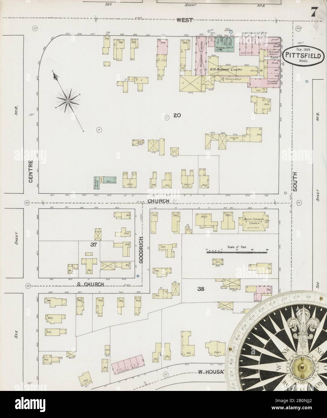Immagine 7 Della Mappa Sanborn Fire Insurance Di Pittsfield, Berkshire County, Massachusetts. Feb 1889. 18 fogli, America, mappa stradale con una bussola Del Xix Secolo Foto Stock