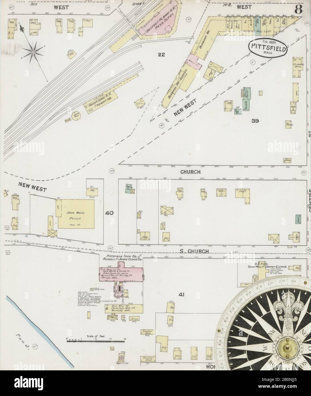Immagine 8 Della Mappa Sanborn Fire Insurance Di Pittsfield, Berkshire County, Massachusetts. Feb 1889. 18 fogli, America, mappa stradale con una bussola Del Xix Secolo Foto Stock