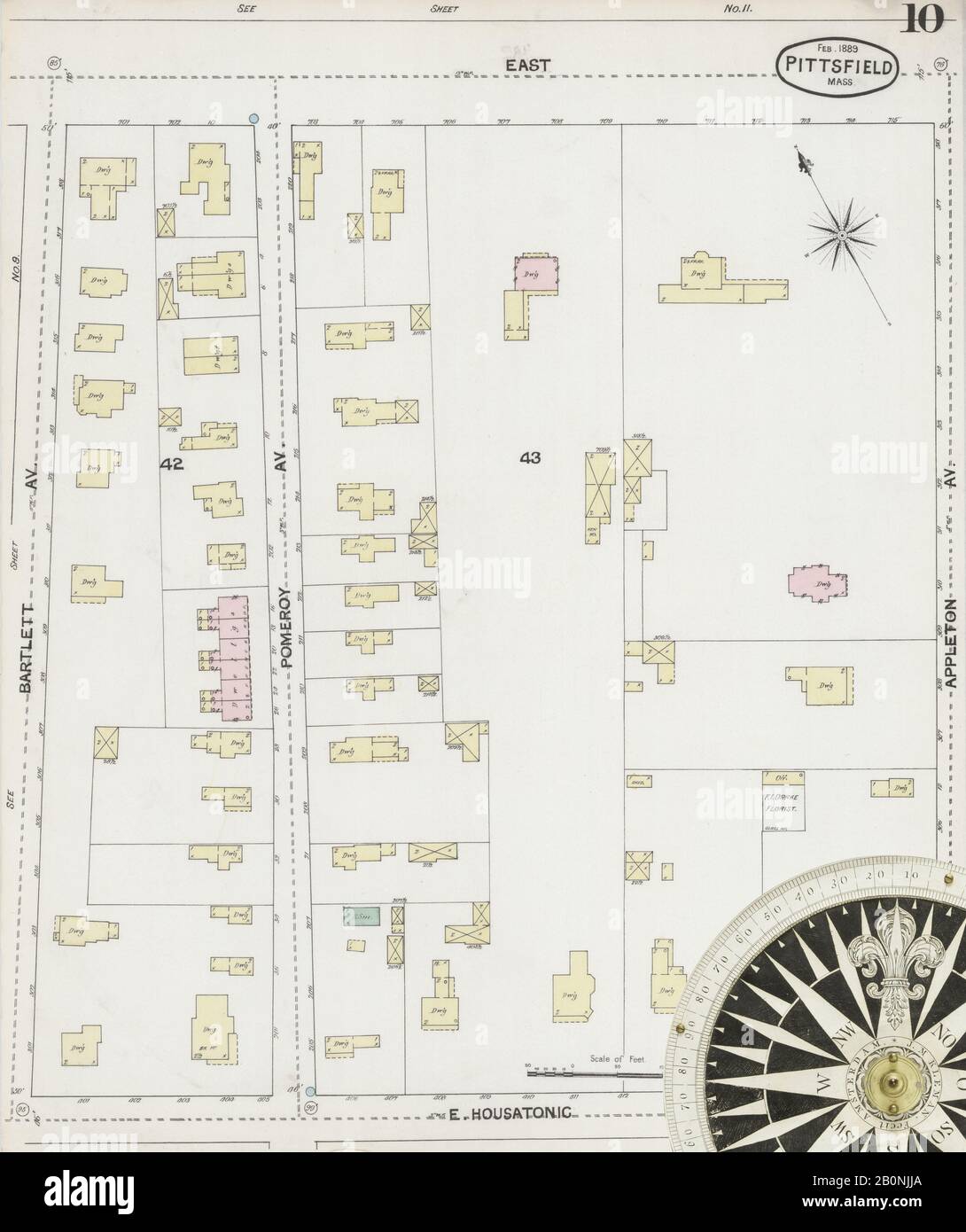 Immagine 10 Della Mappa Sanborn Fire Insurance Di Pittsfield, Berkshire County, Massachusetts. Feb 1889. 18 fogli, America, mappa stradale con una bussola Del Xix Secolo Foto Stock