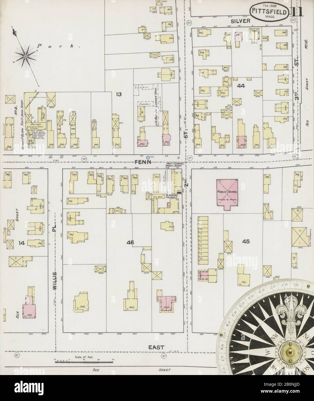 Immagine 11 Della Mappa Sanborn Fire Insurance Di Pittsfield, Berkshire County, Massachusetts. Feb 1889. 18 fogli, America, mappa stradale con una bussola Del Xix Secolo Foto Stock