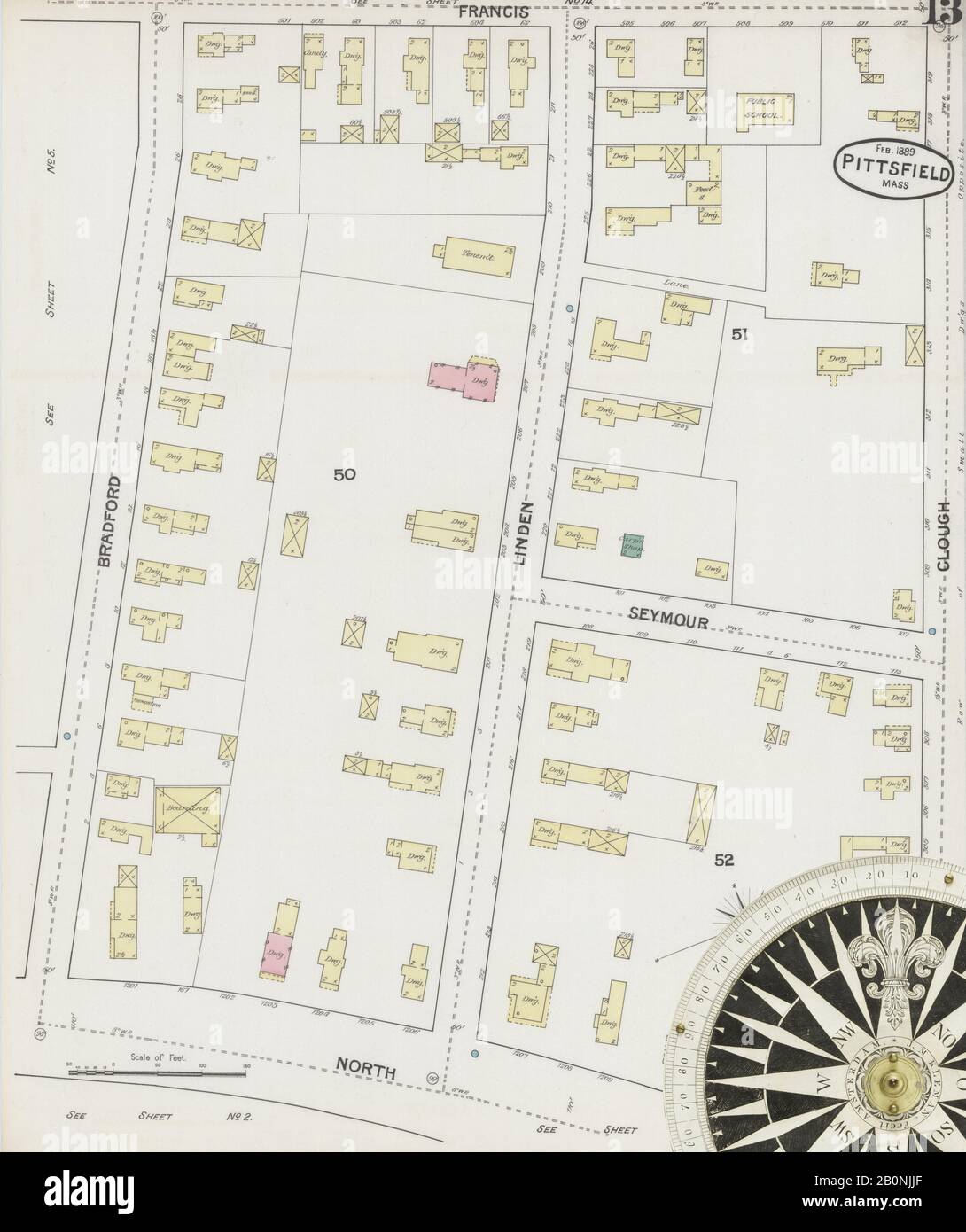 Immagine 13 Della Mappa Sanborn Fire Insurance Di Pittsfield, Berkshire County, Massachusetts. Feb 1889. 18 fogli, America, mappa stradale con una bussola Del Xix Secolo Foto Stock