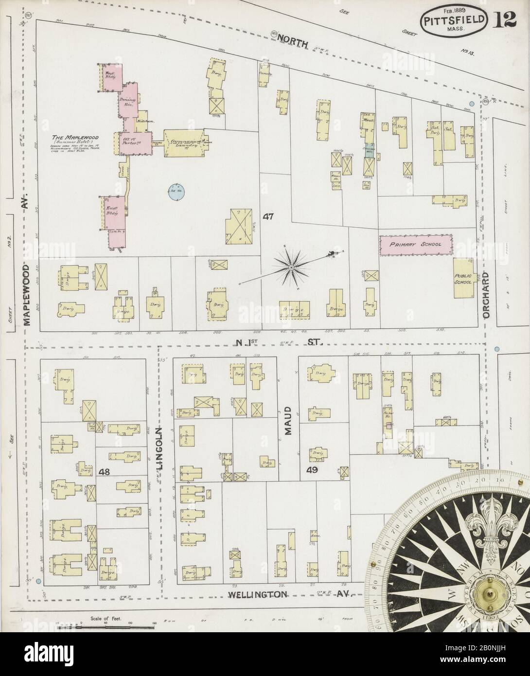 Immagine 12 Della Mappa Sanborn Fire Insurance Di Pittsfield, Berkshire County, Massachusetts. Feb 1889. 18 fogli, America, mappa stradale con una bussola Del Xix Secolo Foto Stock