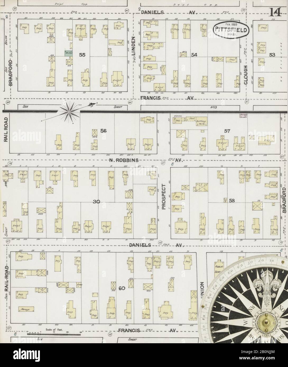 Immagine 14 Della Mappa Sanborn Fire Insurance Di Pittsfield, Berkshire County, Massachusetts. Feb 1889. 18 fogli, America, mappa stradale con una bussola Del Xix Secolo Foto Stock