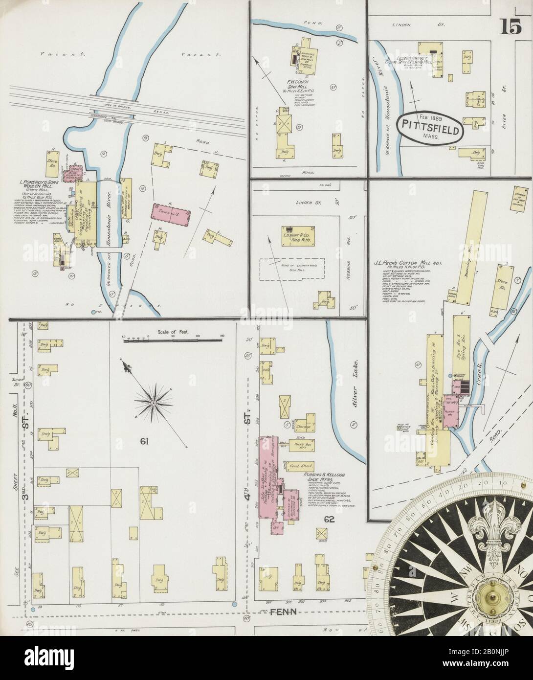 Immagine 15 Della Mappa Sanborn Fire Insurance Di Pittsfield, Berkshire County, Massachusetts. Feb 1889. 18 fogli, America, mappa stradale con una bussola Del Xix Secolo Foto Stock