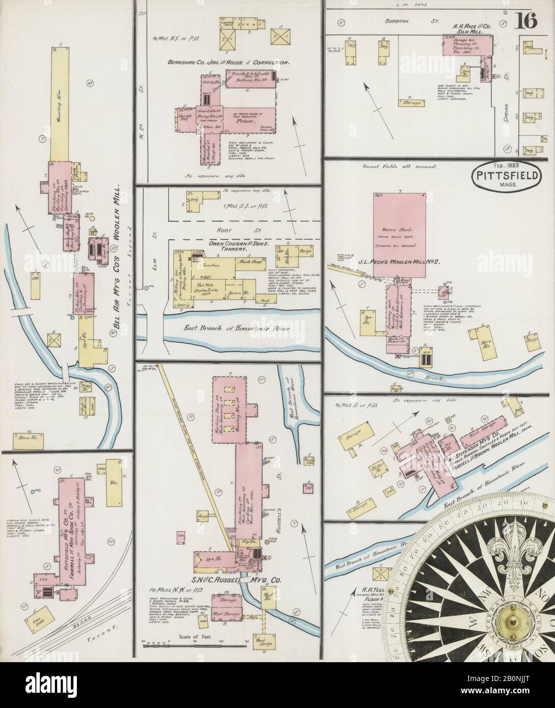 Immagine 16 Della Mappa Sanborn Fire Insurance Di Pittsfield, Berkshire County, Massachusetts. Feb 1889. 18 fogli, America, mappa stradale con una bussola Del Xix Secolo Foto Stock
