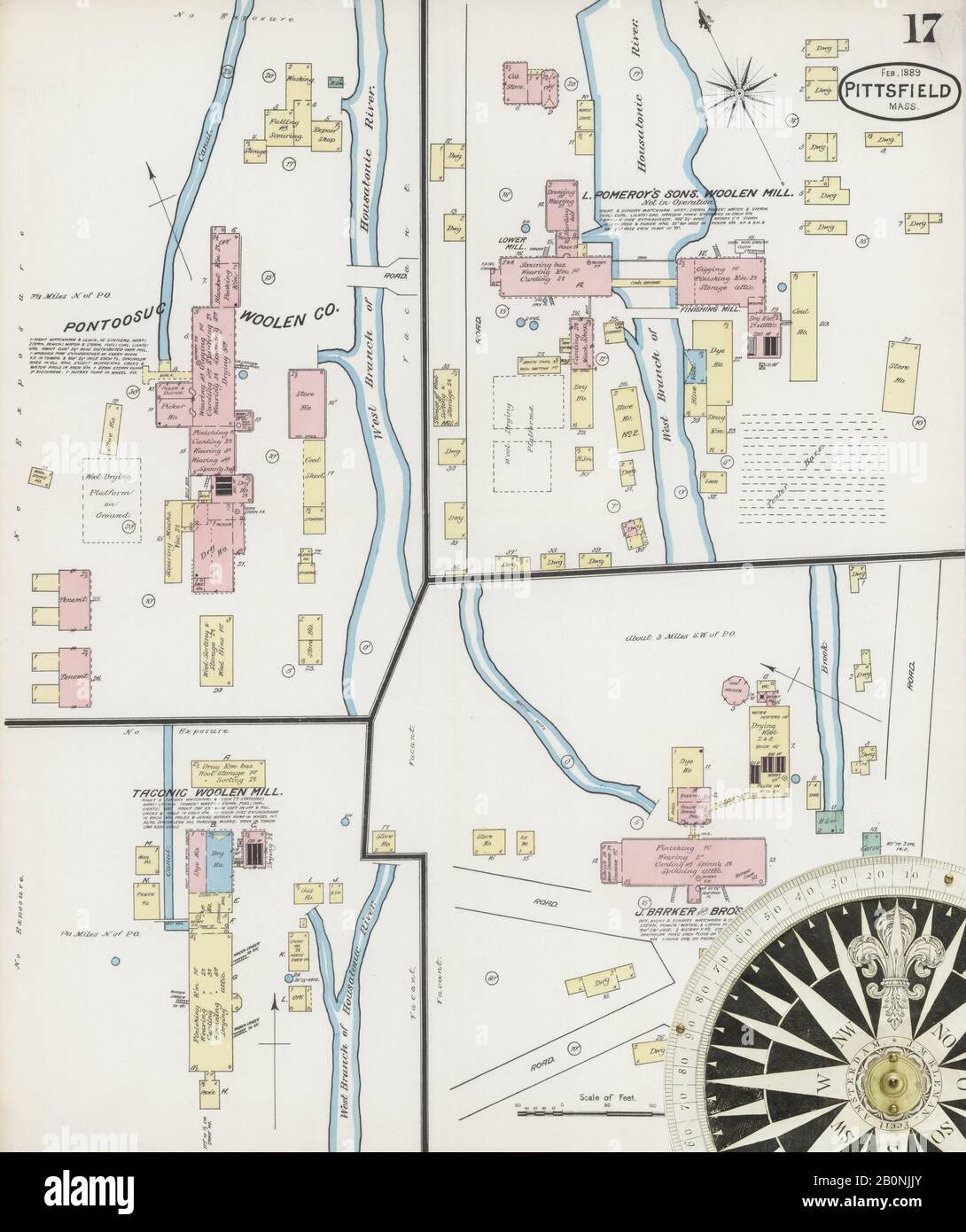Immagine 17 Della Mappa Sanborn Fire Insurance Di Pittsfield, Berkshire County, Massachusetts. Feb 1889. 18 fogli, America, mappa stradale con una bussola Del Xix Secolo Foto Stock