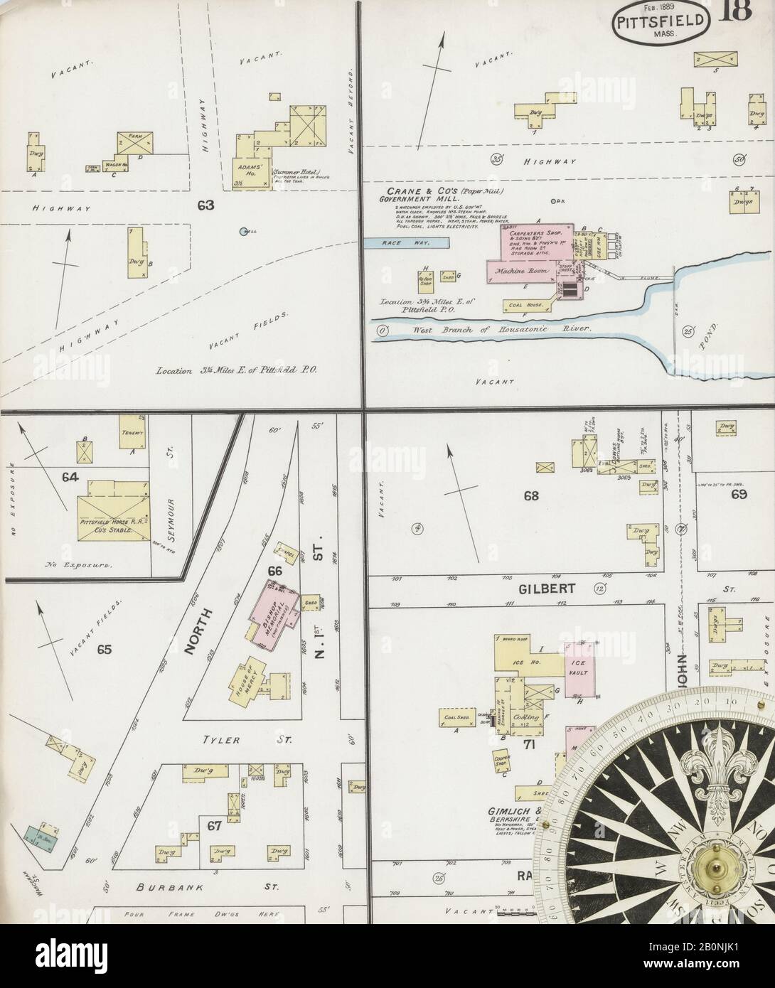 Immagine 18 Della Mappa Sanborn Fire Insurance Di Pittsfield, Berkshire County, Massachusetts. Feb 1889. 18 fogli, America, mappa stradale con una bussola Del Xix Secolo Foto Stock