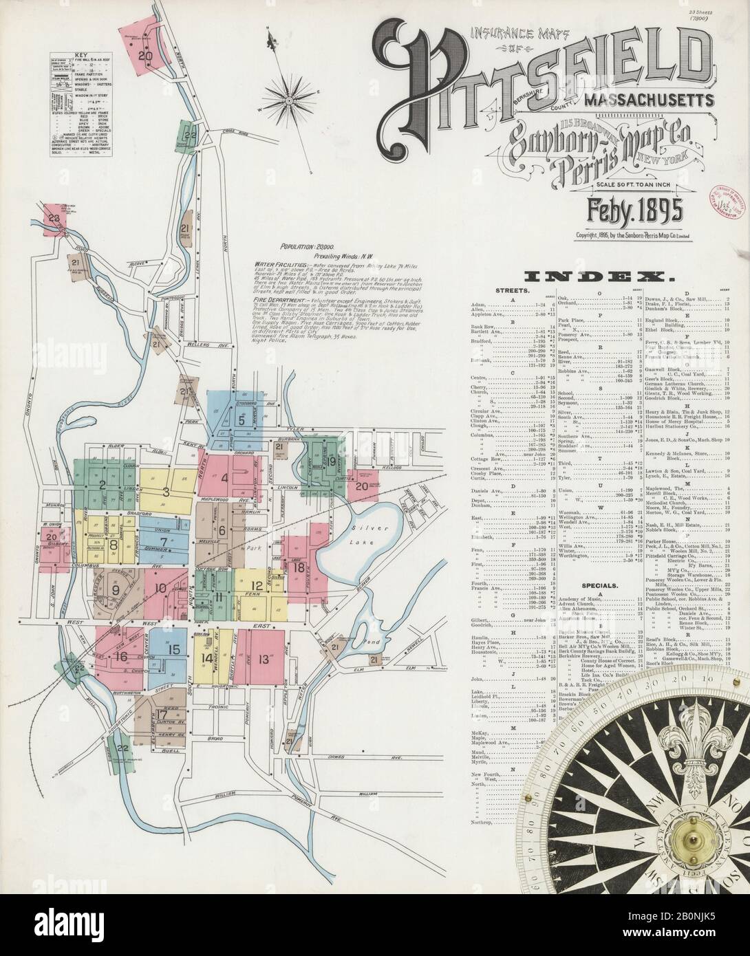Immagine 1 Della Mappa Sanborn Fire Insurance Di Pittsfield, Berkshire County, Massachusetts. Feb 1895. 23 fogli, America, mappa stradale con una bussola Del Xix Secolo Foto Stock