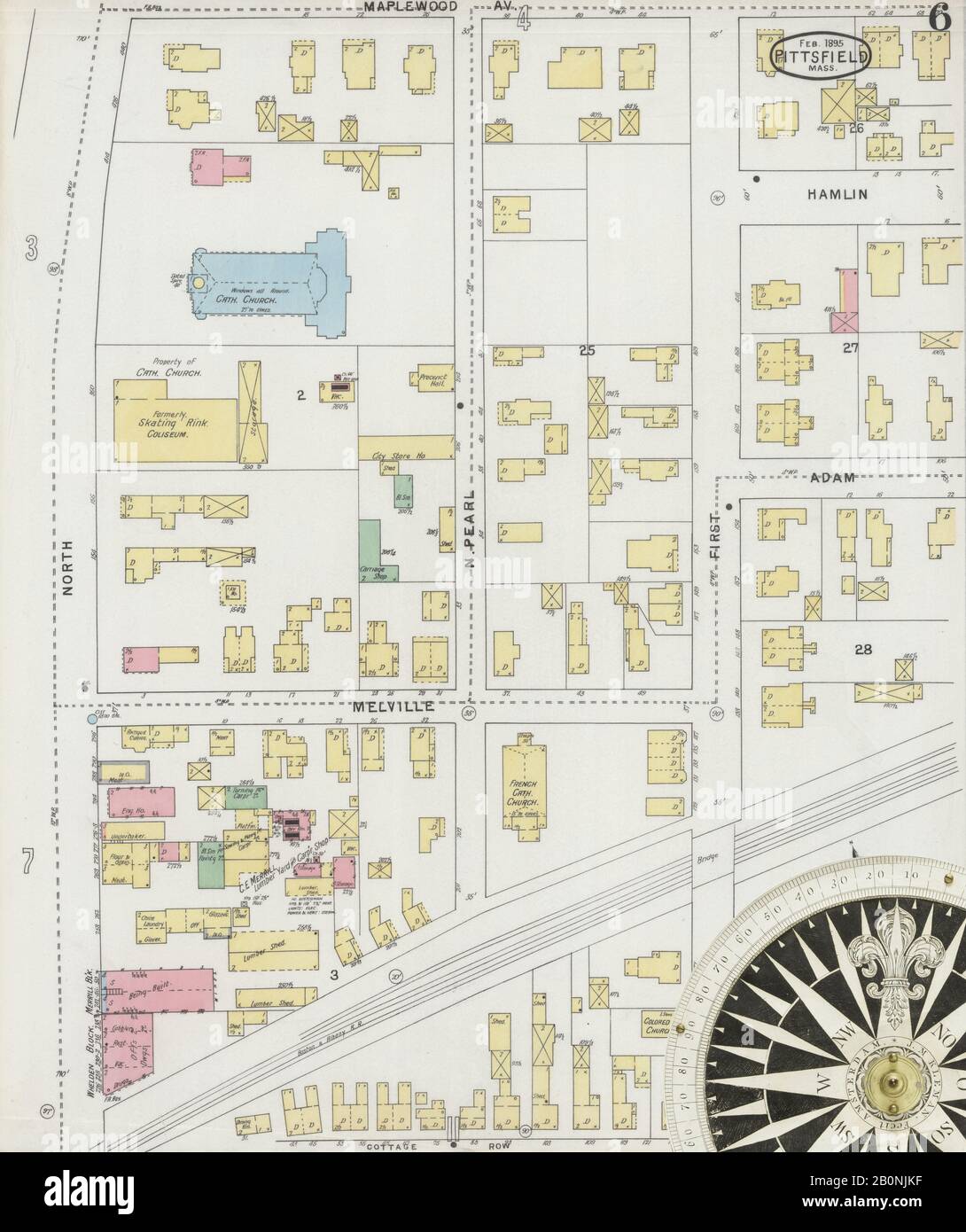 Immagine 6 Della Mappa Sanborn Fire Insurance Di Pittsfield, Berkshire County, Massachusetts. Feb 1895. 23 fogli, America, mappa stradale con una bussola Del Xix Secolo Foto Stock