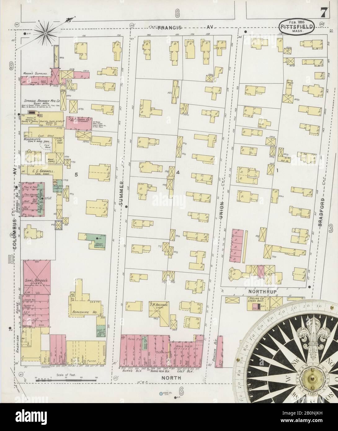 Immagine 7 Della Mappa Sanborn Fire Insurance Di Pittsfield, Berkshire County, Massachusetts. Feb 1895. 23 fogli, America, mappa stradale con una bussola Del Xix Secolo Foto Stock