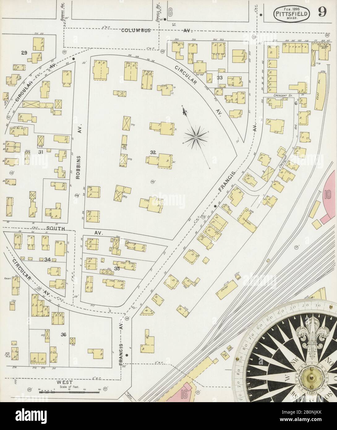 Immagine 9 Della Mappa Sanborn Fire Insurance Di Pittsfield, Berkshire County, Massachusetts. Feb 1895. 23 fogli, America, mappa stradale con una bussola Del Xix Secolo Foto Stock