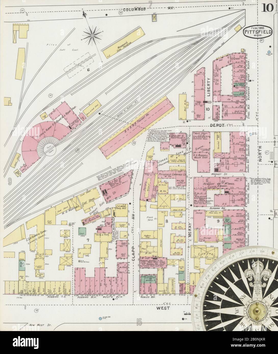 Immagine 10 Della Mappa Sanborn Fire Insurance Di Pittsfield, Berkshire County, Massachusetts. Feb 1895. 23 fogli, America, mappa stradale con una bussola Del Xix Secolo Foto Stock