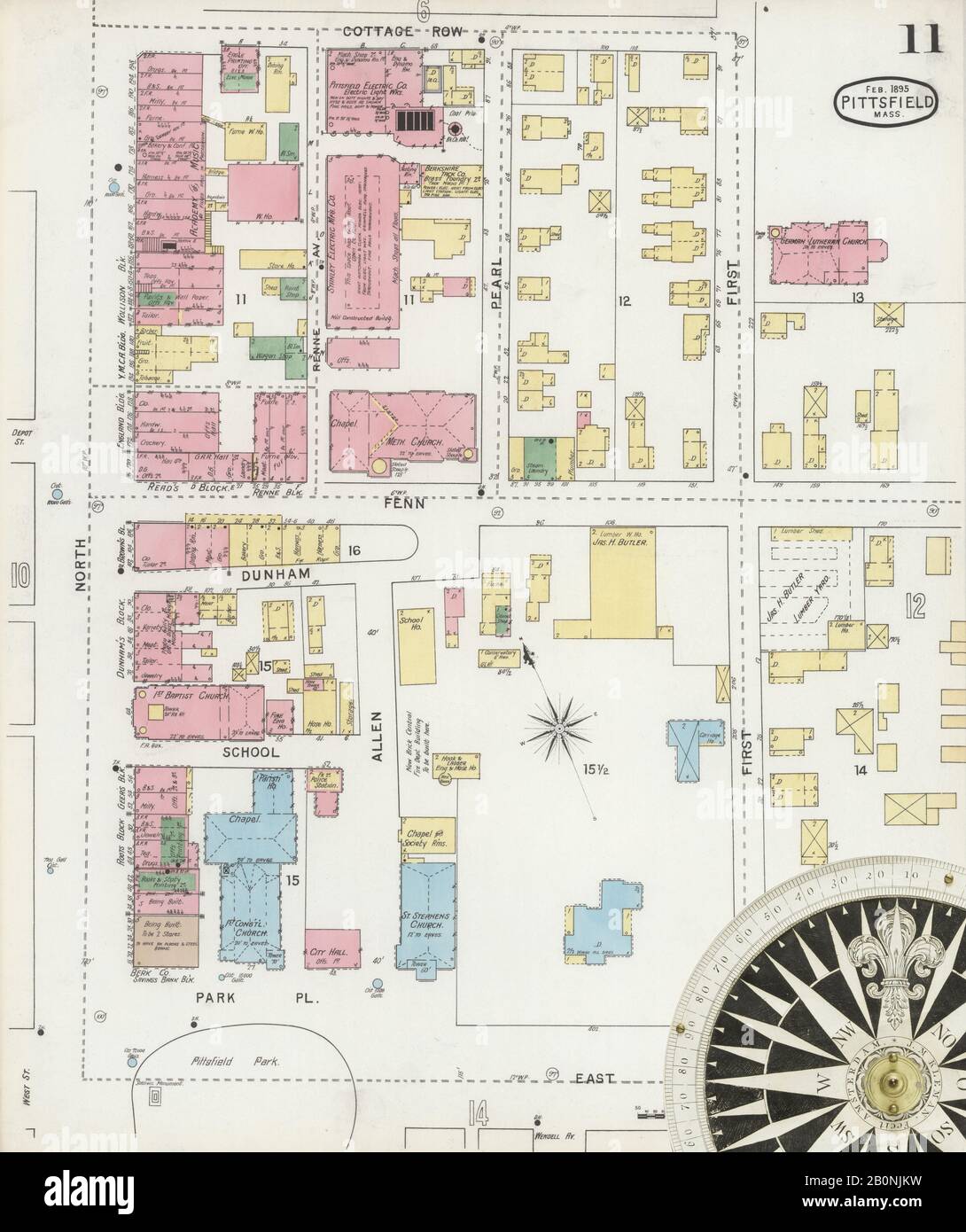 Immagine 11 Della Mappa Sanborn Fire Insurance Di Pittsfield, Berkshire County, Massachusetts. Feb 1895. 23 fogli, America, mappa stradale con una bussola Del Xix Secolo Foto Stock