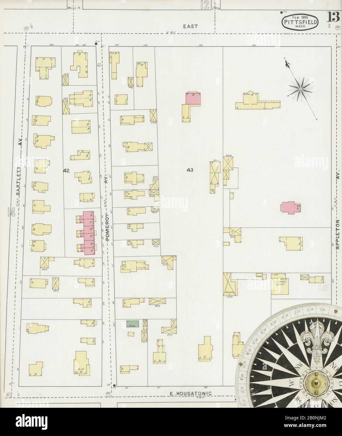 Immagine 13 Della Mappa Sanborn Fire Insurance Di Pittsfield, Berkshire County, Massachusetts. Feb 1895. 23 fogli, America, mappa stradale con una bussola Del Xix Secolo Foto Stock